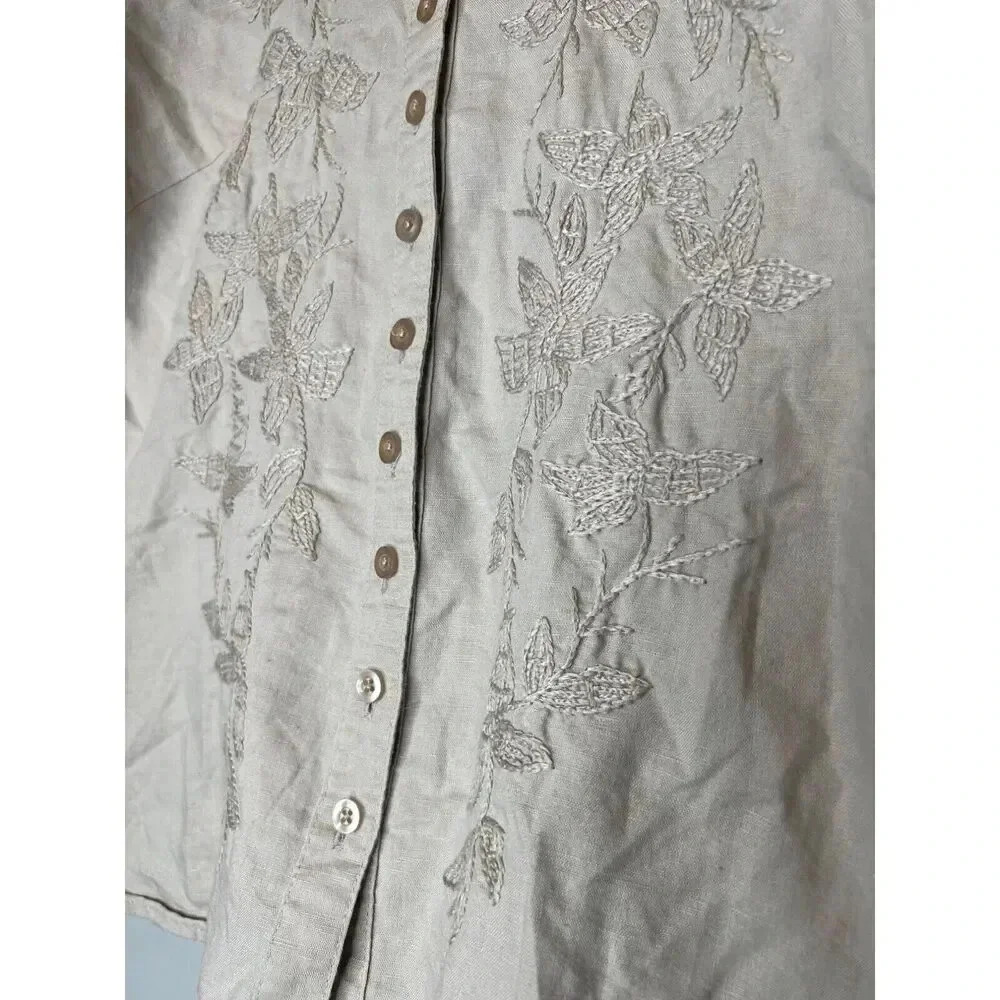 Tweed button down pullover top embroidered button down 100% linen size Medium - Picture 3 of 6